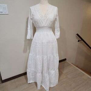 Me 2 Magic Anthro Midi Dress Eyelet White Bridal Smocked Tiered size Large